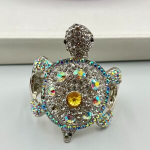 Vintage Statement Turtle Hinged Cuff Bracelet - Crystal AB Rhinestone Repair